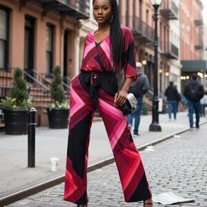 VIBRANT Trina Turk Chevron Wide-Leg Jumpsuit Kimono Sleeve Retro Resort